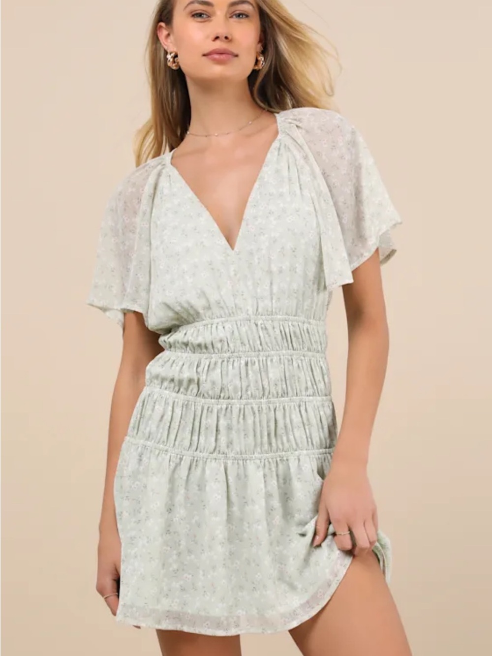 Lulu's Pale Sage Floral Smocked Mini Dress
